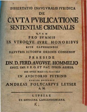 Dissertatio Inavgvralis Ivridica De Cavta Pvblicatione Sententiae Criminalis