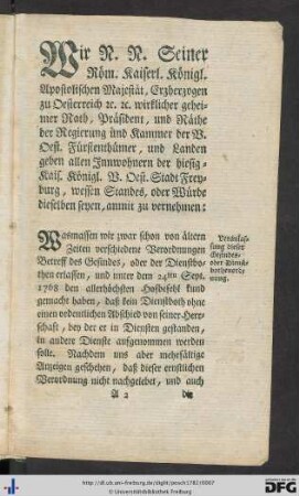 Gesindesordnung für die Vorderösterreichische Stadt Freyburg im Breisgau 1782.