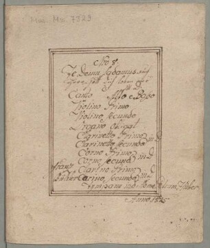 2 Te Deum, V (3), Coro, orch, org, D-Dur - BSB Mus.ms. 7329 : [dust cover title:] Nro 8. // Te Deum laudamus auch // Herr Gott dich loben wir // in D // à // Canto Alto e Basso // Violino Primo // Violino Secundo // Organo obligat // Clarinetto Primo // [brace:] in D // Clarinetto Secundo // Corno Primo // [brace:] in D // Corno Secundo // Clarino Primo // [brace:] in D // Clarino secundo // Tympani in D Ad me Petrum Huber // Anno 1825 // [left side:] Franz // Bühler
