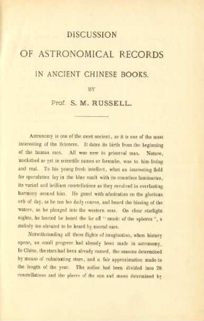 Discussion of astronomical records in ancient chinese books. By Prof. S. M. Russell