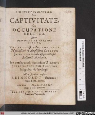 Disputatio Inauguralis De Captivitate, seu Occupatione Bellica