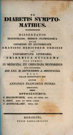 De diabetis symptomatibus : dissertatio inauguralis medico-pathologica