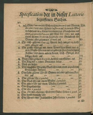 Specification der in dieser Lotterie begriffenen Sachen. = Specification des choses contenues en ladite Lotterie.