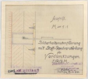 Haus des Rundfunks, Berlin-Charlottenburg: Sitzungssaal, Sicherheitsnutenführung mit Stoff-Randverstärkung für Verdunkelung, Aufriss 1:1