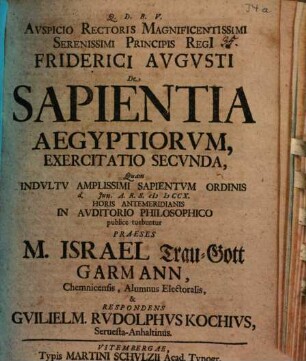 De sapientia Aegyptiorum exercitatio secunda