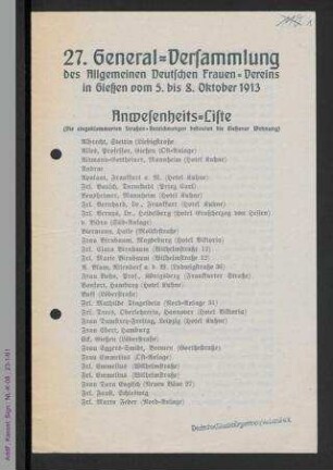 Anwesenheitsliste und Nachtrag zur Anwesenheitsliste der 27. Generalversammlung des ADF 1913 in Gießen