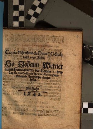 Copia Schreibens d.d. 20./30. Oct. 1642 so (Joh. Werner) außen Hauptq. vor Leipzig ... an Leonh. Torstensohn abgehen laßen