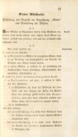 Erster Abschnitt. Feststellung des Begriffs der Bezeichnung "Mühle" und Eintheilung der Mühlen