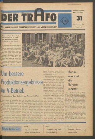 TRO-Betriebszeitung 'Der Trafo'; Nr. 31/1968 (12. August 1968)