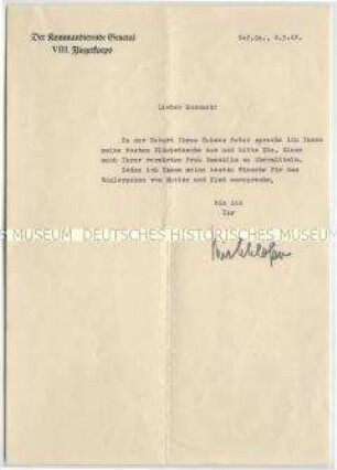 Gratulatiuonsschreiben des Kommandierenden Generals des VIII. Fliegerkorps an einen Offizier zur Geburt eines Sohnes - Personenkonvolut