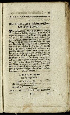 V. Ueber Eyförmige Linien, Flächen und Körper.