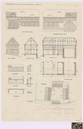 Königshain (Kreis Zittau): Hof Hermann Heidrich. - Lageplan mit Scheune (Aufsicht), Pferdestall (Aufsicht), Haupthaus (Aufsicht), Torhaus (Aufsicht), Dung (Aufsicht), Holzschuppen (Aufsicht). - Torhaus (West-Hof-Seiten-Ansicht, Ost-Straßen-Seiten-Ansicht, Süd-Giebel-Ansicht, Querschnitt A-B, Längsschnitt C-D, Grundriss des Erdgeschosses). - Holzschuppen (zwei Seiten-Ansichten, Giebel-Ansicht, Querschnitt, Grundriss)