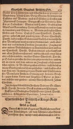 Churfürstliches Pfältzisches Kriegs-Recht oder Artickulus-Brieff.