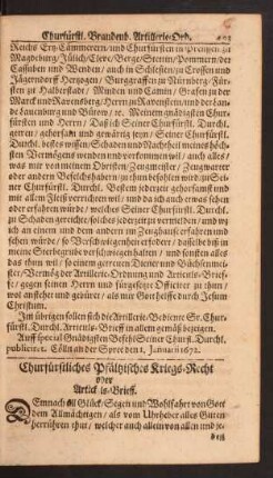 Churfürstliches Pfältzisches Kriegs-Recht oder Artickulus-Brieff.
