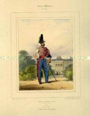 Uniformdarstellung, Adjutant des 8. Husaren-Regiments, Königreich Frankreich, 1841. Tafel Nr. 176 aus: Galerie Militaire.