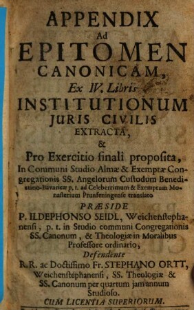 Appendix ad epitomen canonicam ex IV. libris institutionum iuris civilis extracta ...