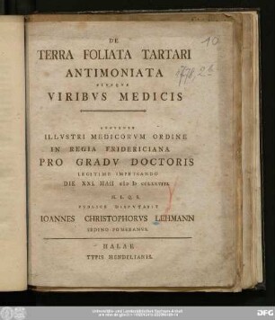 De Terra Foliata Tartari Antimoniata Eivsqve Viribvs Medicis