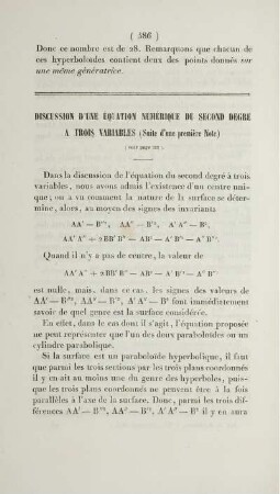 Discussion d'une équation numérique du second degre a trois variables.