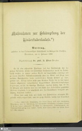 Maßnahmen zur Bekämpfung der Rindertuberkulose : Vortrag, gehalten in der Oekonomischen Gesellschaft im Königreiche Sachsen, Dresden, am 4. Februar 1898
