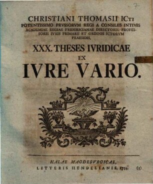 Christiani Thomasii XXX. Theses Ivridicae Ivre Vario