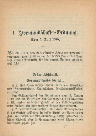 I. Vormundschafts-Ordnung. Vom 5. Juli 1875