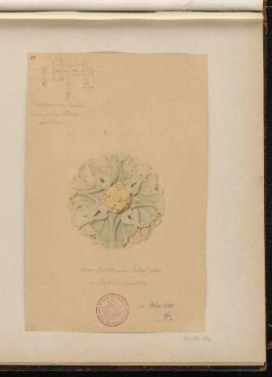 Rosette aus dem Gewölbe der Bassinhalle, Konstruktion der Befestigung (Detail)