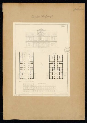 Straßendurchgang Monatskonkurrenz Januar 1830: Grundriss Erdgeschoss, Obergeschoss, Aufriss Straßenansicht, Längsschnitt; 2 Maßstabsleisten