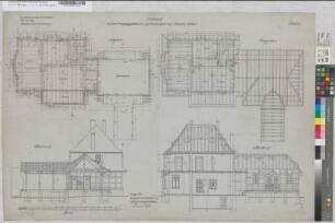 Entwurf zu einem Empfangsgebäude mit Güterschuppen auf Bahnhof Scherl, Blatt 3: Grundrisse, Sparrenlage, Schnitte, M. 1:50 Stnr.: 82, Hge, Bunr.: 1, Blnr.: 3