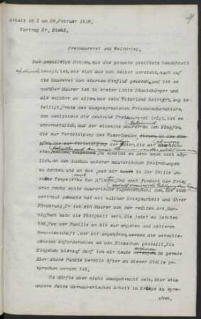 Arbeit in I am 28. Februar 1918. Vortrag Br. Biehl. Freimaurerei und Weltkrieg.