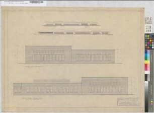 Dortmund VBf, Blatt 2: Rechter Lokschuppen Stand 1-8, Schiebebühne 1, Achssenkhalle: Ansichten [Abgelegt in Mappe: "Entwürfe von Th V", Beschriftung Deutsch/Englisch], M. 1:100 Hgl, Sknr.: 4, Fanr.: 12