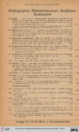Bibliographie, Bibliothekswesen, Buchdruck, Buchhandel (Nr. 198 - 360)