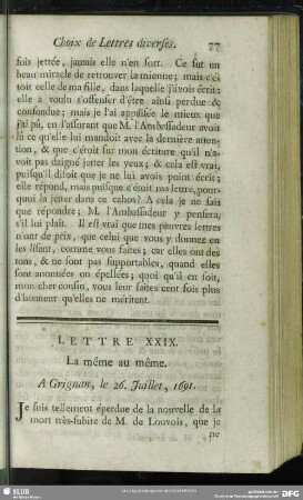 Lettre XXIX. La même au même. A Grignan, le 26. Juillet, 1691