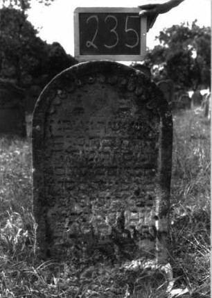 Grabstein 235 (Index: 100103262) Material: Sandstein Zustand: stark verwittert, weitgehender Textverlust Maße HxBxT: 86x44x8 cm Beschreibung: Stele, Rundbogenabschluss, Schriftfeld eingetieft, im Bogen Schuppenfries, Levitenkanne Symbolik: Levitenkanne, Schuppenfries: Grabstein 235