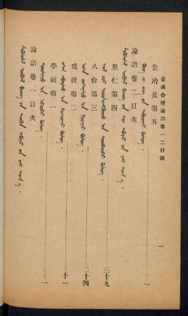 Šigümjilel ögülel bičig-ün terigün[-eče γutaγar] debter-ün des daraγ-a = 論語卷一二三目次