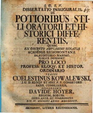 Diss. inaug. de potioribus stili oratorii et historici differentiis