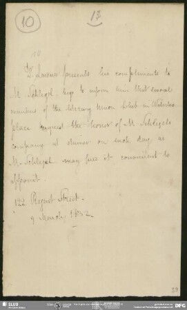 Eigenh. Brief von Dionysius Lardner an August Wilhelm von Schlegel, London, 09.03.1832