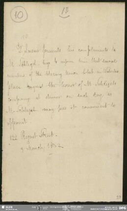 Eigenh. Brief von Dionysius Lardner an August Wilhelm von Schlegel, London, 09.03.1832