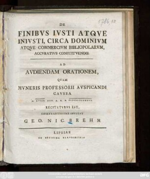 De Finibvs Ivsti Atqve Inivsti, Circa Dominivm Atqve Commercivm Bibliopolarvm, Accvrativs Constitvendis