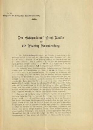 Der Gesetzentwurf Groß-Berlin und die Provinz Brandenburg