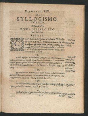 Disputatio XIV. De Syllogismo Topico. Respondente Tobia Seilero