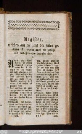 Register, welches auf die zahl der seiten gerichtet ist, worin auch die zusätze und verbesserungen begriffen sind.