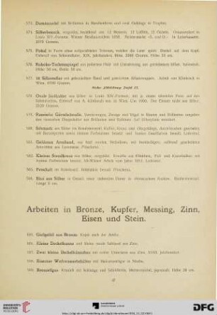 Arbeiten in Bronze, Kupfer, Messing, Zinn, Eisen und Stein (Nr. 585-689)