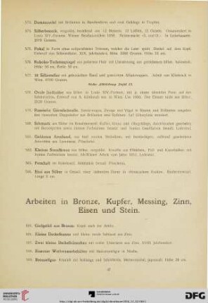 Arbeiten in Bronze, Kupfer, Messing, Zinn, Eisen und Stein (Nr. 585-689)