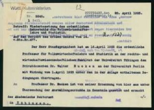 Wiederbesetzung des ordentlichen Lehrstuhls für Volkswirtschaftslehre und Statistik