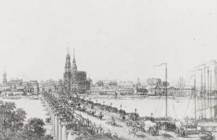 Dresden vom Narrenhäuschen an der Elbbrücke, Nr. 26 : Dresden, Blick vom Narrenhäusel an der Elbbrücke auf Brücke und Altstadt