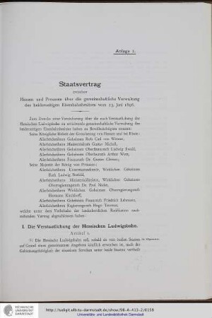 Anhang I: Staatsvertrag zwischen Hessen und Preussen über die gemeinschaftliche Verwaltung des beiderseitigen Eisenbahnbesitzes vom 23. Juni 1896