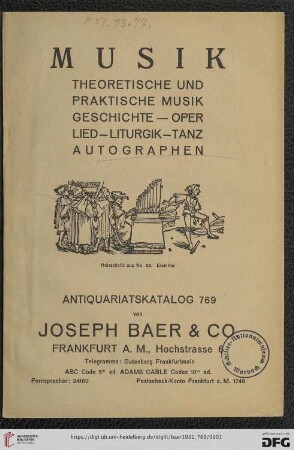 Nr. 769: Lagerkatalog / Josef Baer & Co., Frankfurt a.M.: Musik - theoretische und praktische Musik, Geschichte, Oper, Lied, Liturgik, Tanz, Autographen