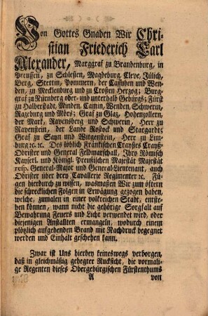 Neu revidirte Feuer-Lösch-Ordnung für die Obergebürgische Residenz-Stadt Bayreuth