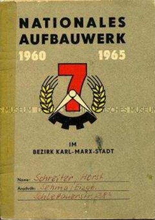 Nachweisheft des Nationalen Aufbauwerkes über geleistete Arbeitsstunden