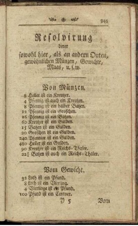 Resolvirung derer sowohl hier, als an andern Orten, gewöhnlichen Münzen, Gewichte, Maas, u.s.w.